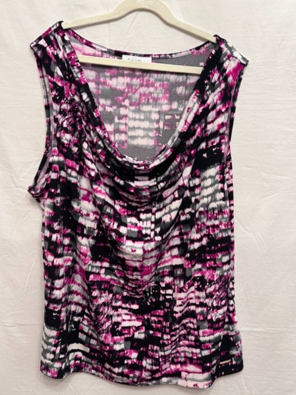 Calvin Klein Sleeveless Drape Neck Printed Blouse Pink Black White Career Top